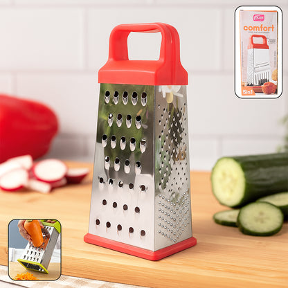 Wukusy Supermom 5-in-1 stainless steel grater and slicer with multiple blades for kitchen prep and food grating.