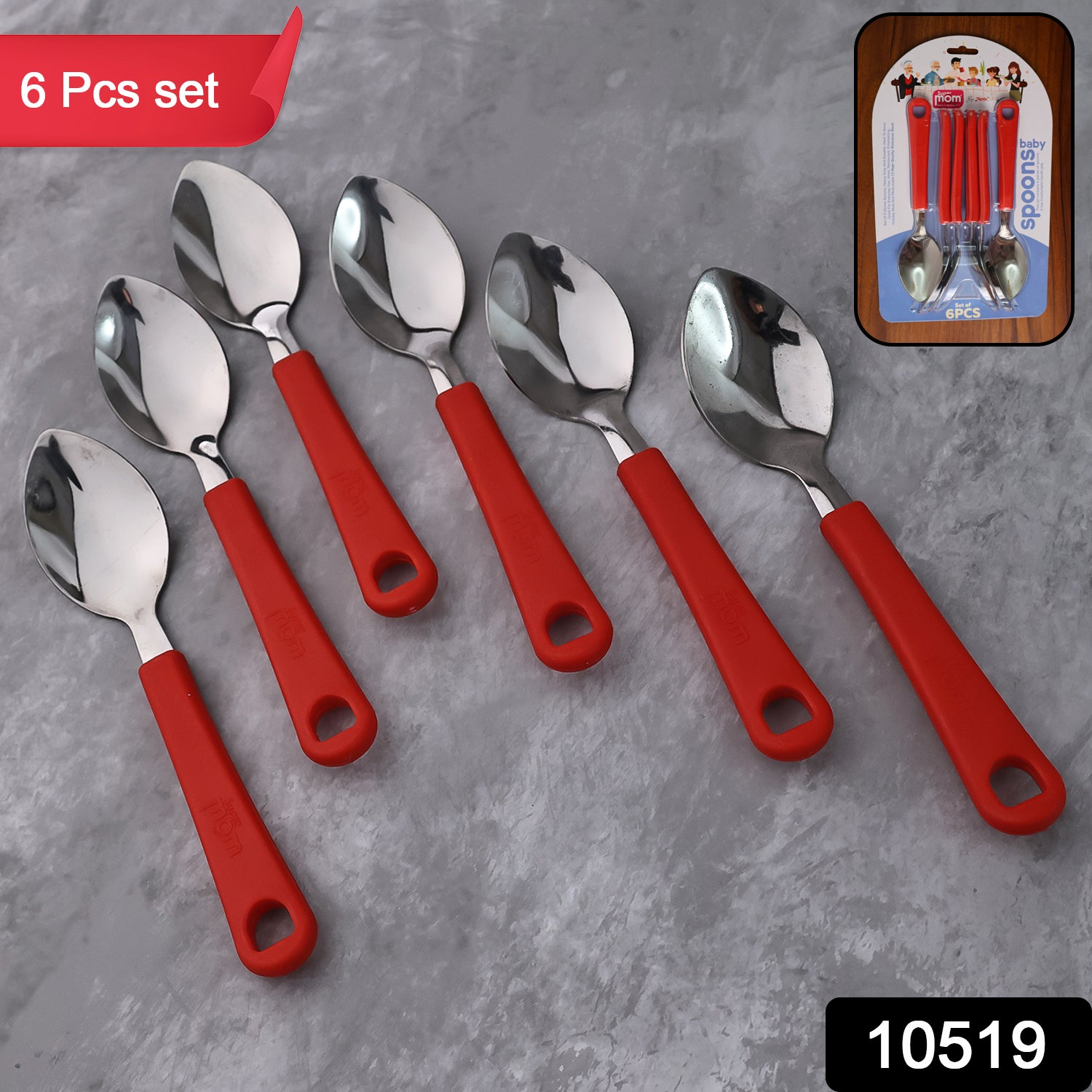Wukusy Supermom Baby Feeding Spoon set with six colorful spoons for feeding infants and toddlers.