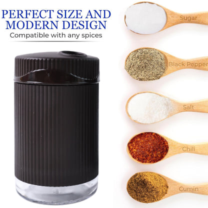 Wukusy Supermom Linoo salt and pepper dispenser set with two glass shakers and black caps for kitchen use.