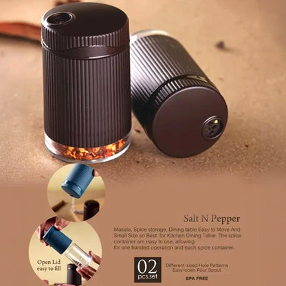 Wukusy Supermom Linoo salt and pepper dispenser set with two clear glass shakers and black plastic tops for kitchen use