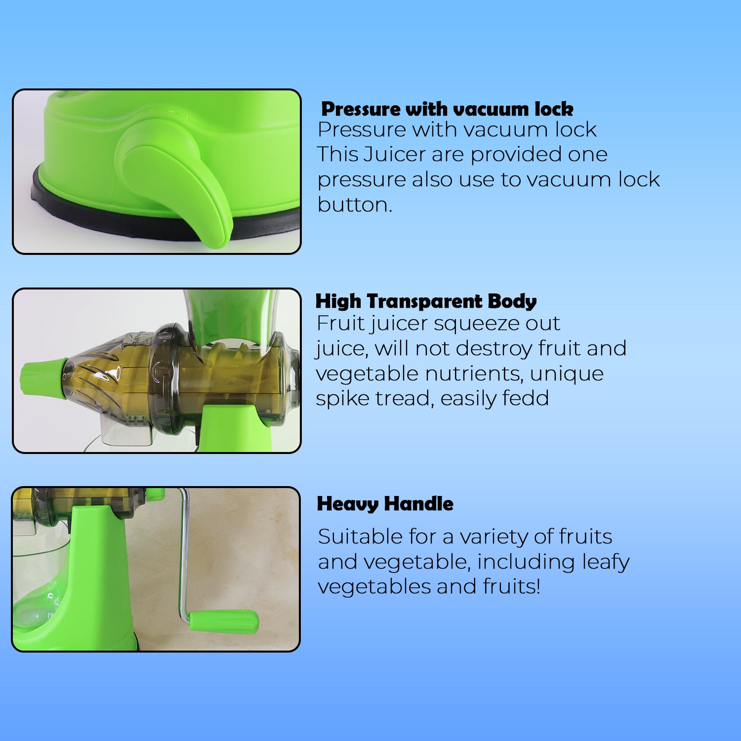 Wukusy Supermom manual multi-functional fruit and vegetable juicer for fresh juice extraction in home kitchen.