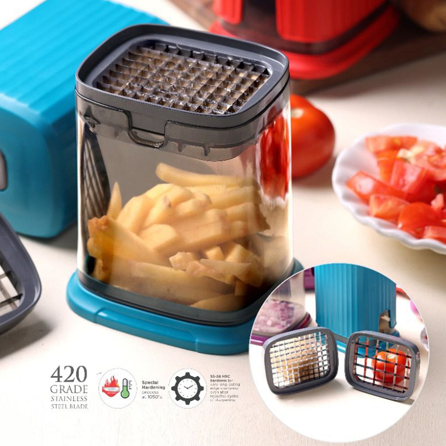Wukusy Supermom multipurpose onion and garlic vegetable chopper for efficient home kitchen prep, shown in use with chopped vegetables