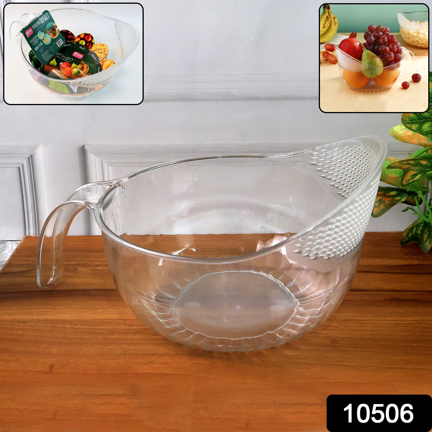 Clear plastic bowl with handle from Wukusy, versatile for kitchen and home use, shown with a sturdy grip and transparent design.