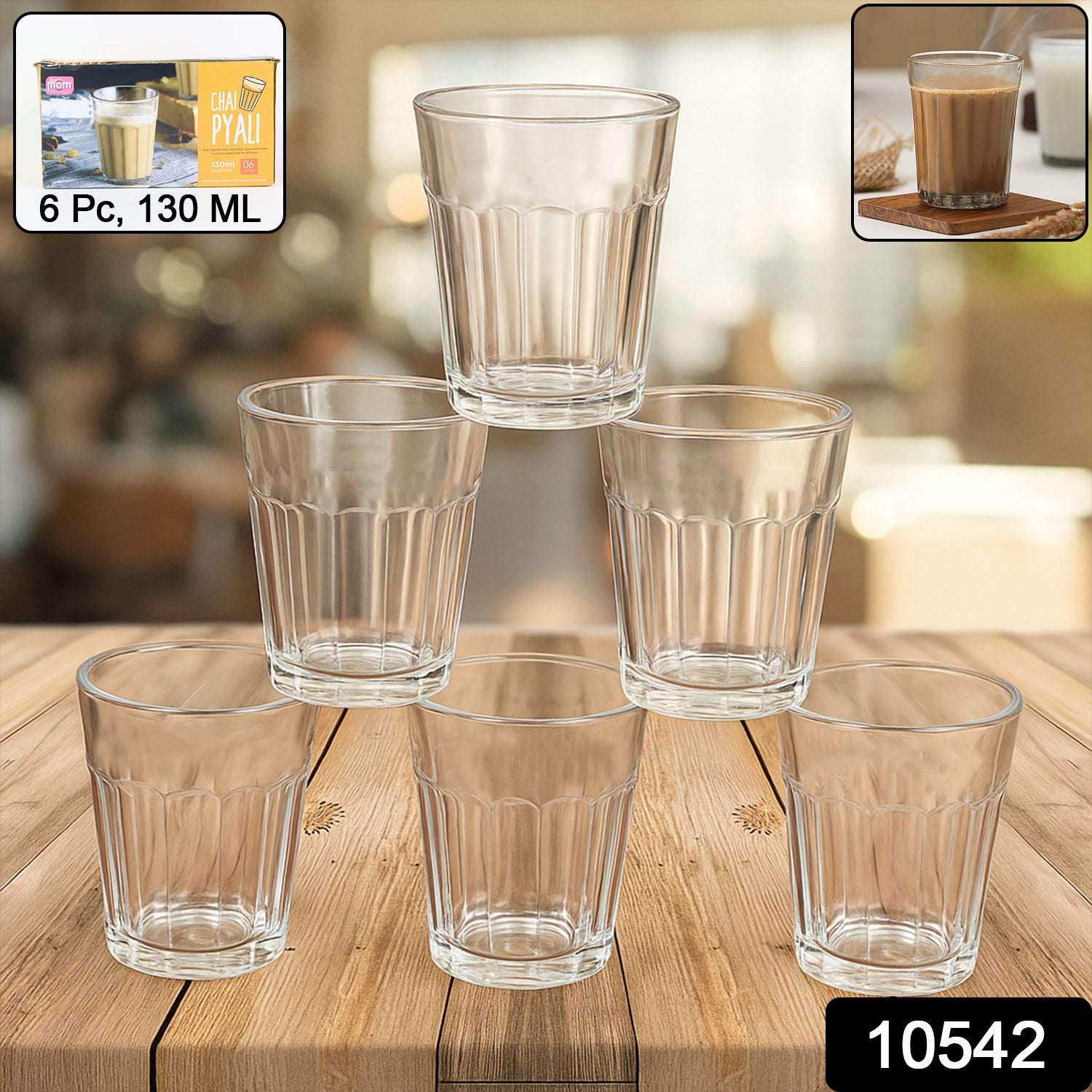 Set of six transparent plastic chai pyali tea glasses by Wukusy, 130ml capacity, ideal for home and kitchen use.