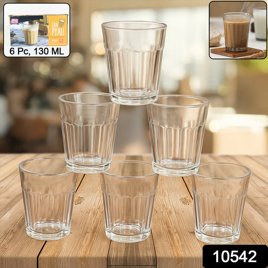 Set of six transparent plastic chai pyali tea glasses by Wukusy, 130ml capacity, ideal for home and kitchen use.