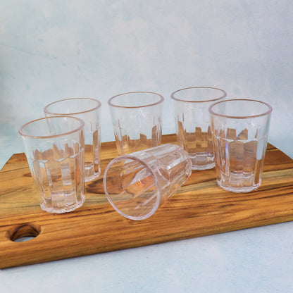 Set of six transparent plastic chai pyali tea glasses by Wukusy, 130ml each, perfect for home and kitchen use.