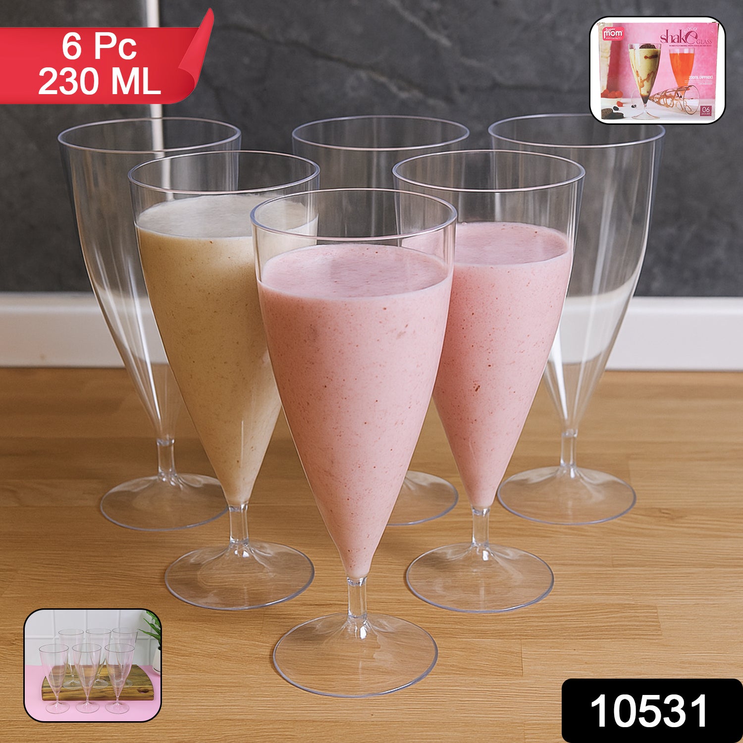 Wukusy Supermom plastic shake coco glass set with 6 colorful 230ml glasses for home and kitchen use.