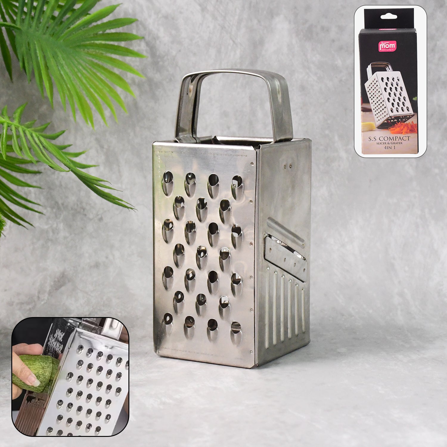 Wukusy Supermom Premium 4-in-1 stainless steel compact grater and slicer for versatile kitchen use.