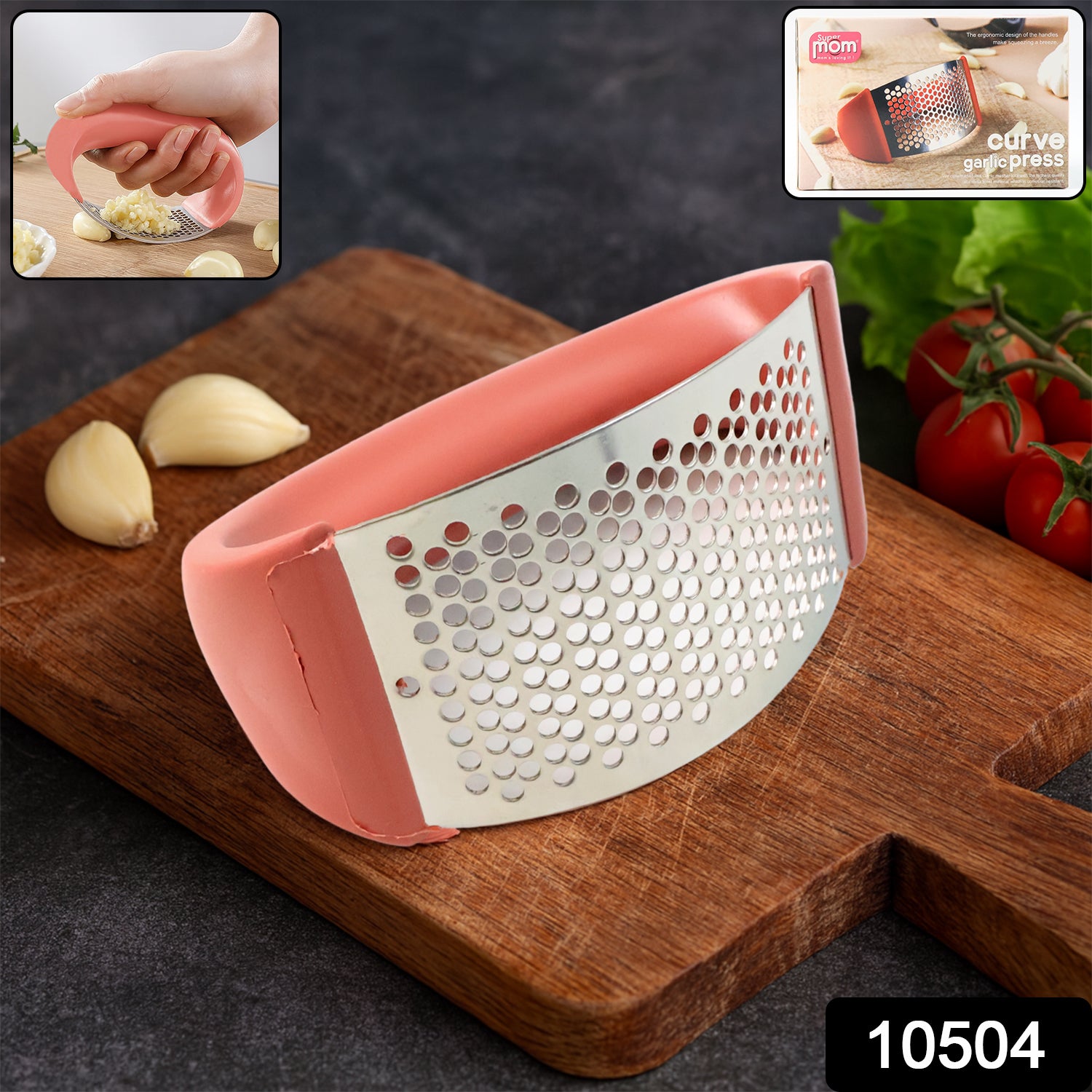 Wukusy Supermom Premium Curve Garlic Press Crusher for efficient garlic mincing in a home kitchen setting.