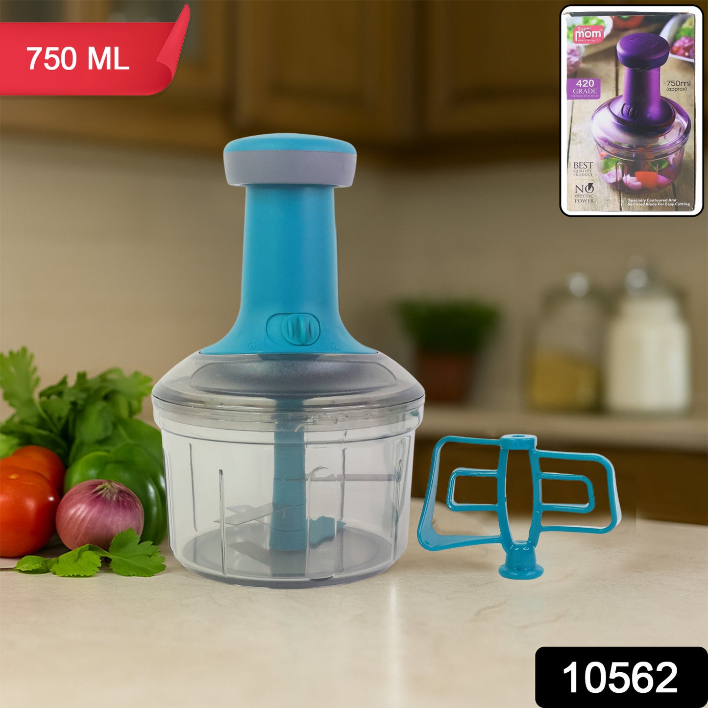 Wukusy Supermom manual push chopper and vegetable cutter with 750ml capacity, shown on a kitchen countertop.