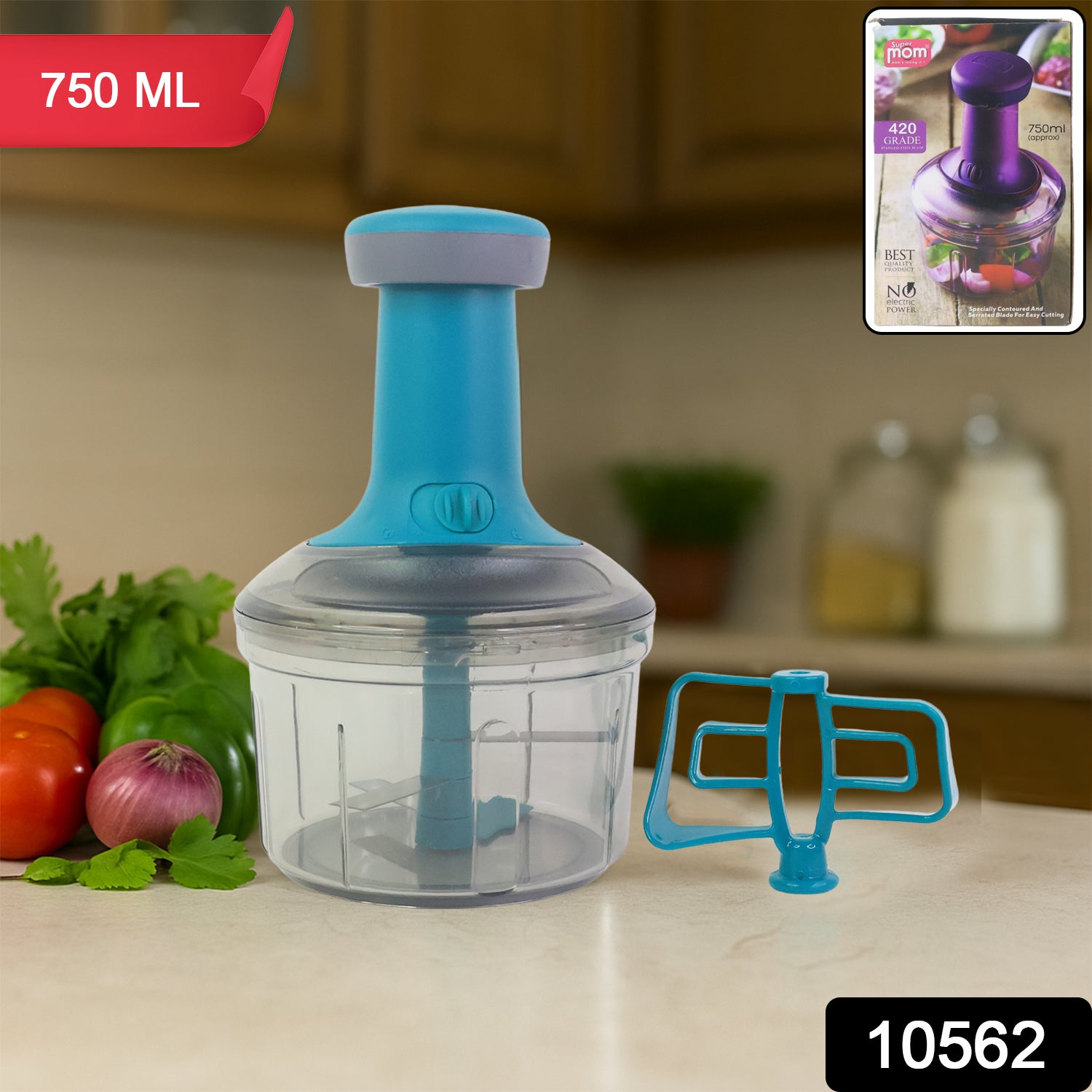 Wukusy Supermom manual push chopper and vegetable cutter with 750ml capacity, shown on a kitchen countertop.
