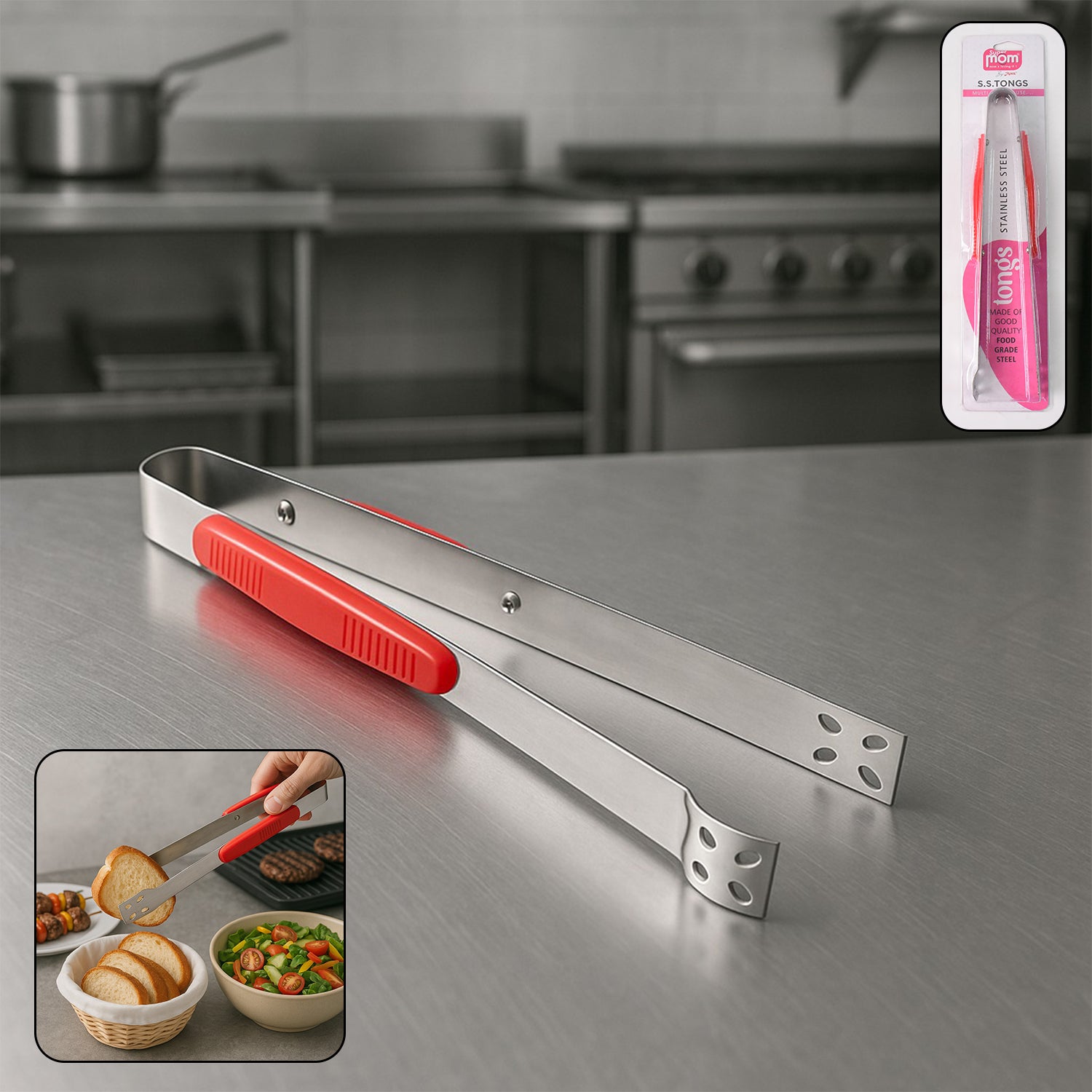 Wukusy Supermom premium stainless steel multipurpose kitchen tongs, 1 piece, ideal for cooking and serving in home kitchen settings.