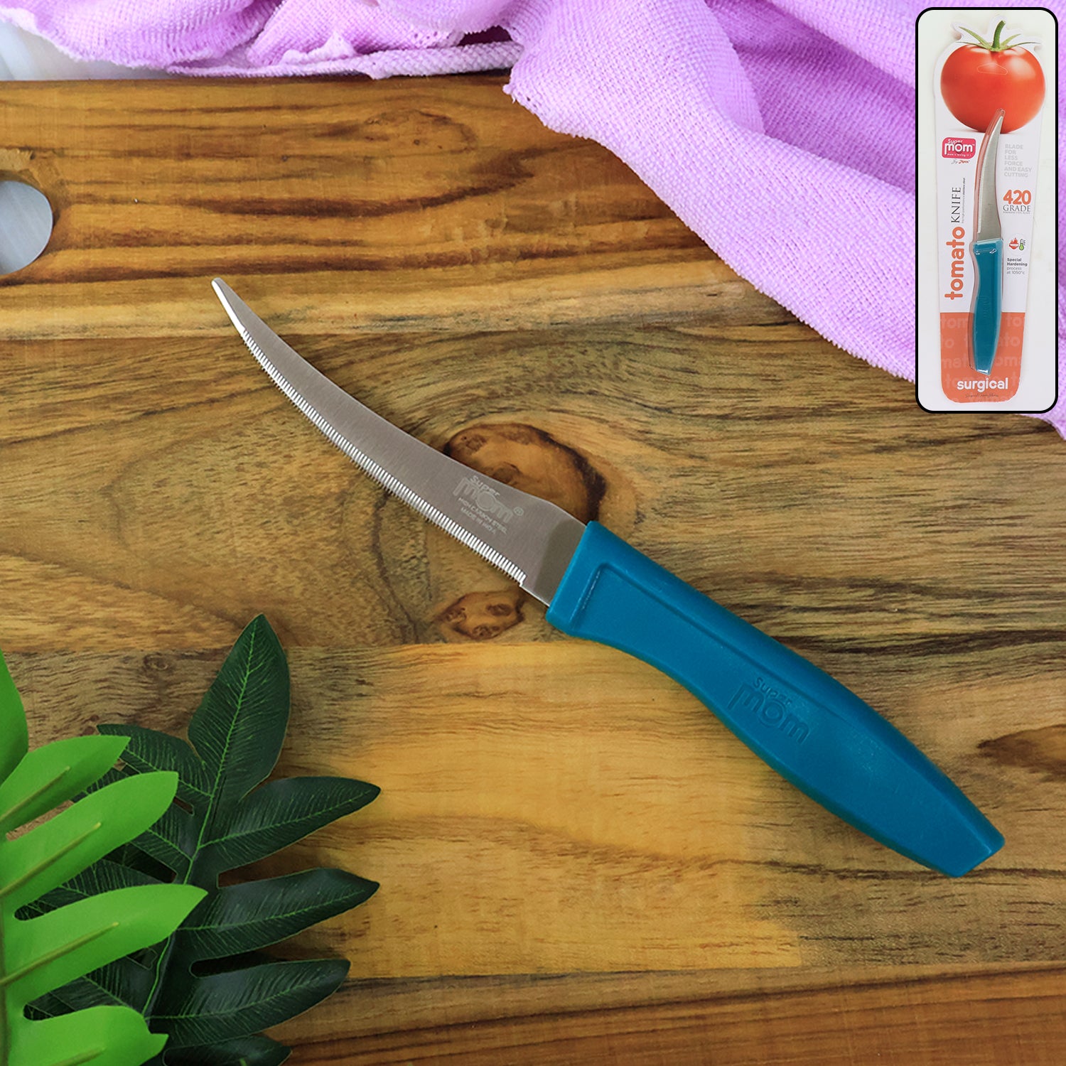 Wukusy Supermom premium stainless steel tomato knife, 1 piece, with sharp blade and ergonomic handle for precise slicing in kitchen.