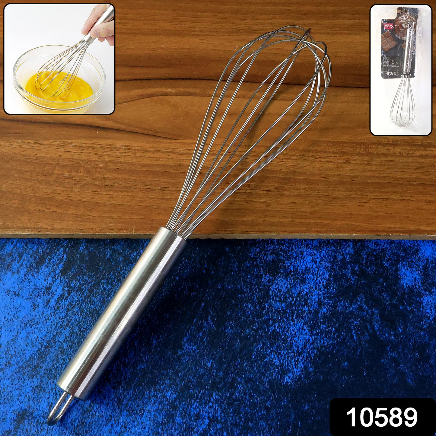 Wukusy Supermom premium stainless steel wire whisk for baking and cooking, with a sturdy handle and multiple wire loops.