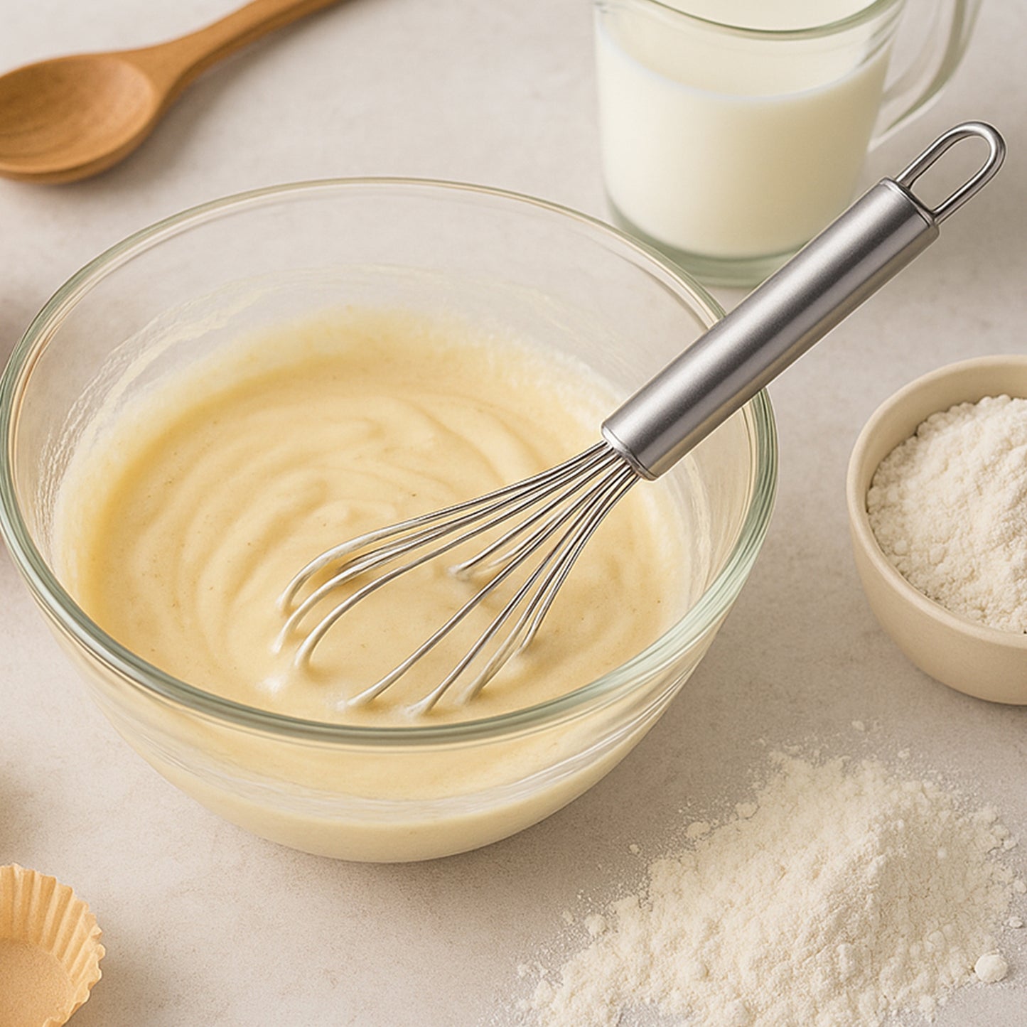 Wukusy Supermom premium stainless steel wire whisk for mixing and blending in the kitchen, shown with a shiny metal handle and wires