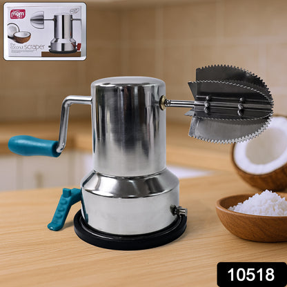 Supermom stainless steel coconut scraper with vacuum base by Wukusy, showing the durable scraper on a kitchen countertop.