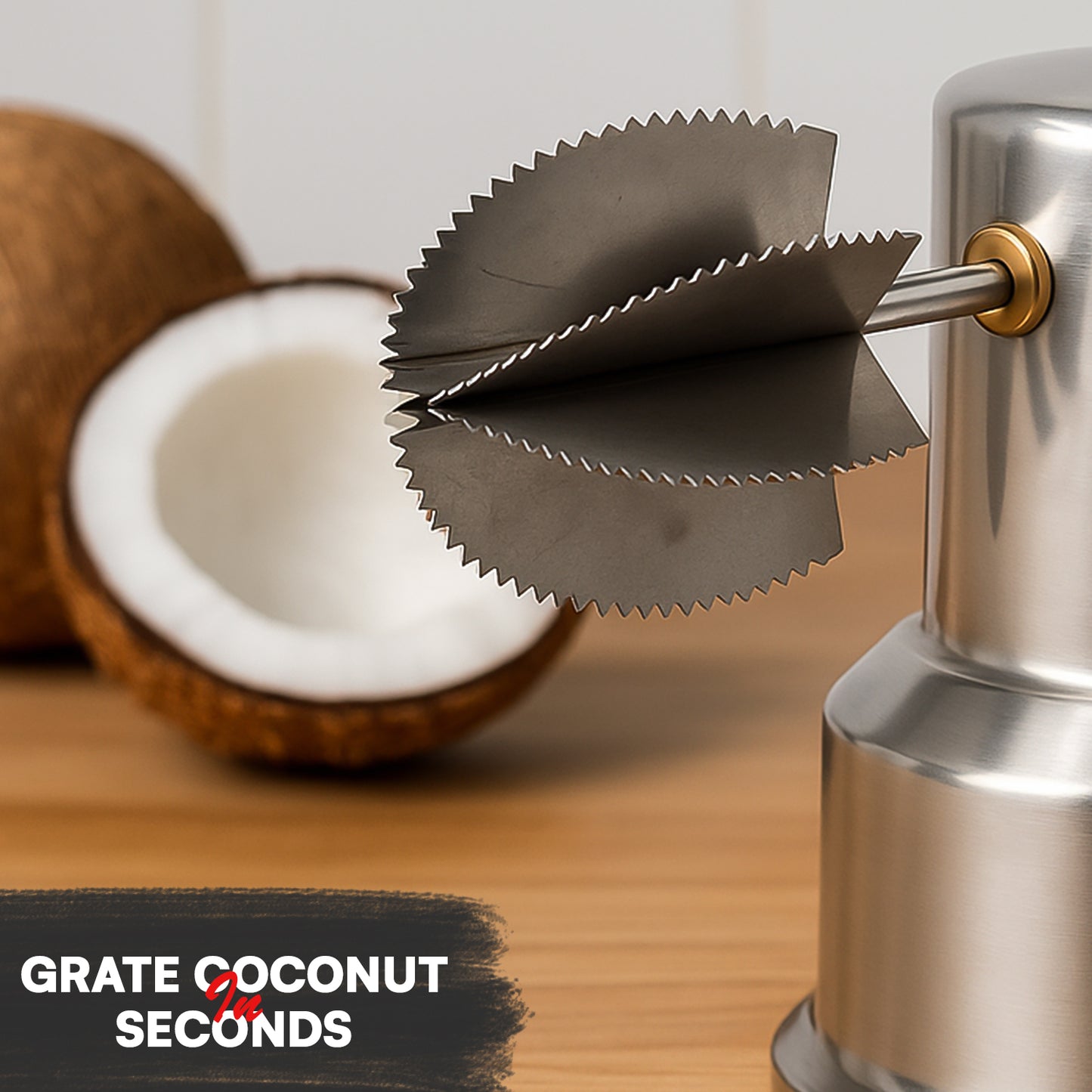 Supermom stainless steel coconut scraper with vacuum base by Wukusy, shown on a kitchen countertop, designed for efficient coconut scraping.
