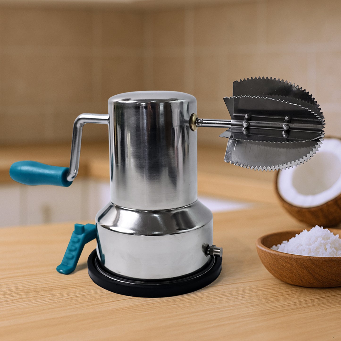 Supermom stainless steel coconut scraper with vacuum base, ideal for kitchen use, from Wukusy, featuring a durable, easy-to-use design.