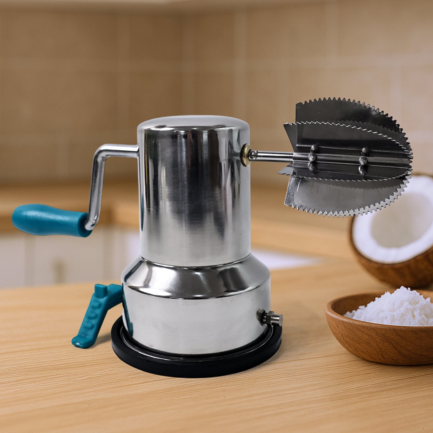 Supermom stainless steel coconut scraper with vacuum base, ideal for kitchen use, from Wukusy, featuring a durable, easy-to-use design.