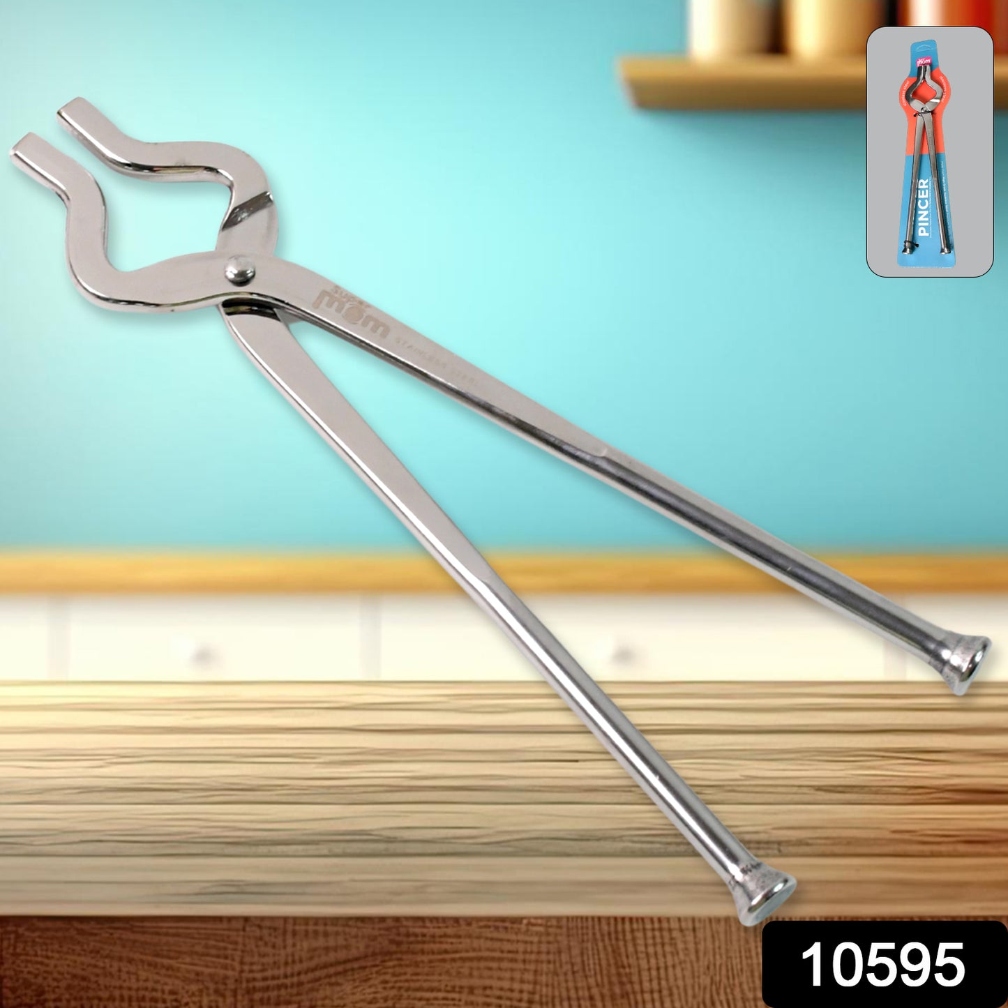 Wukusy Supermom stainless steel full round pincer for kitchen use, with ergonomic design and shiny metal finish.