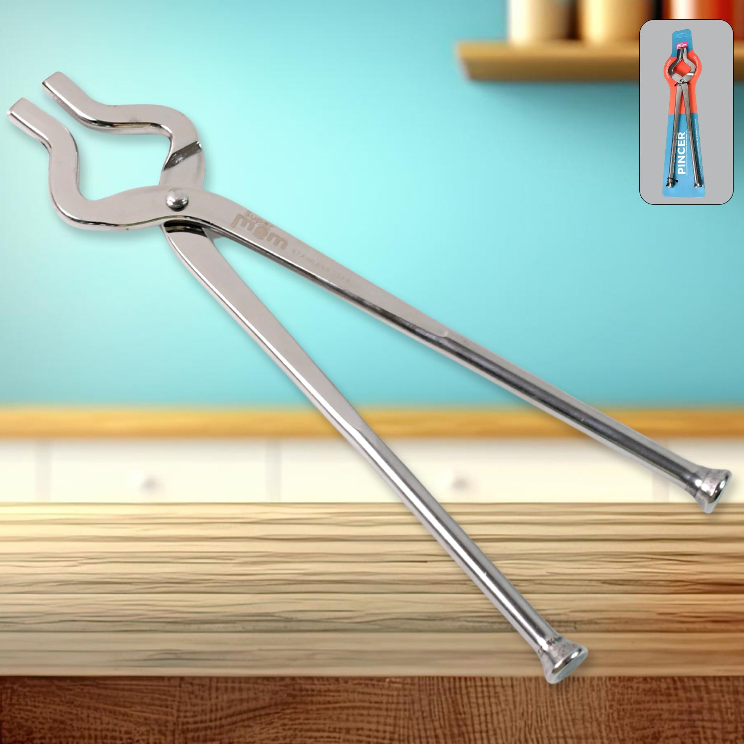 Wukusy Supermom stainless steel full round pincer for kitchen use, with a shiny finish and ergonomic handle.