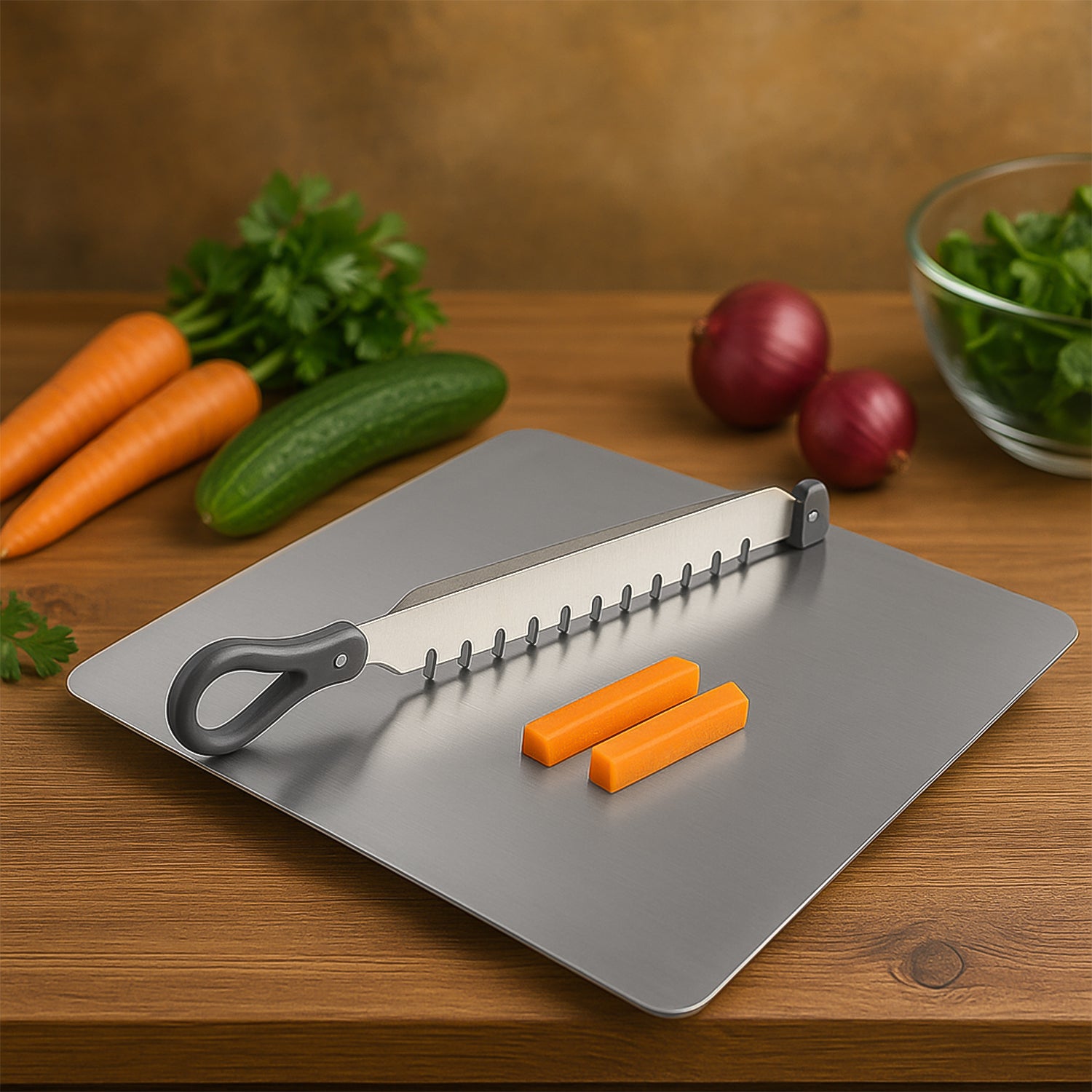 Wukusy Supermom stainless steel vegetable slicer and chopper tool, multifunctional kitchen gadget for easy food prep.