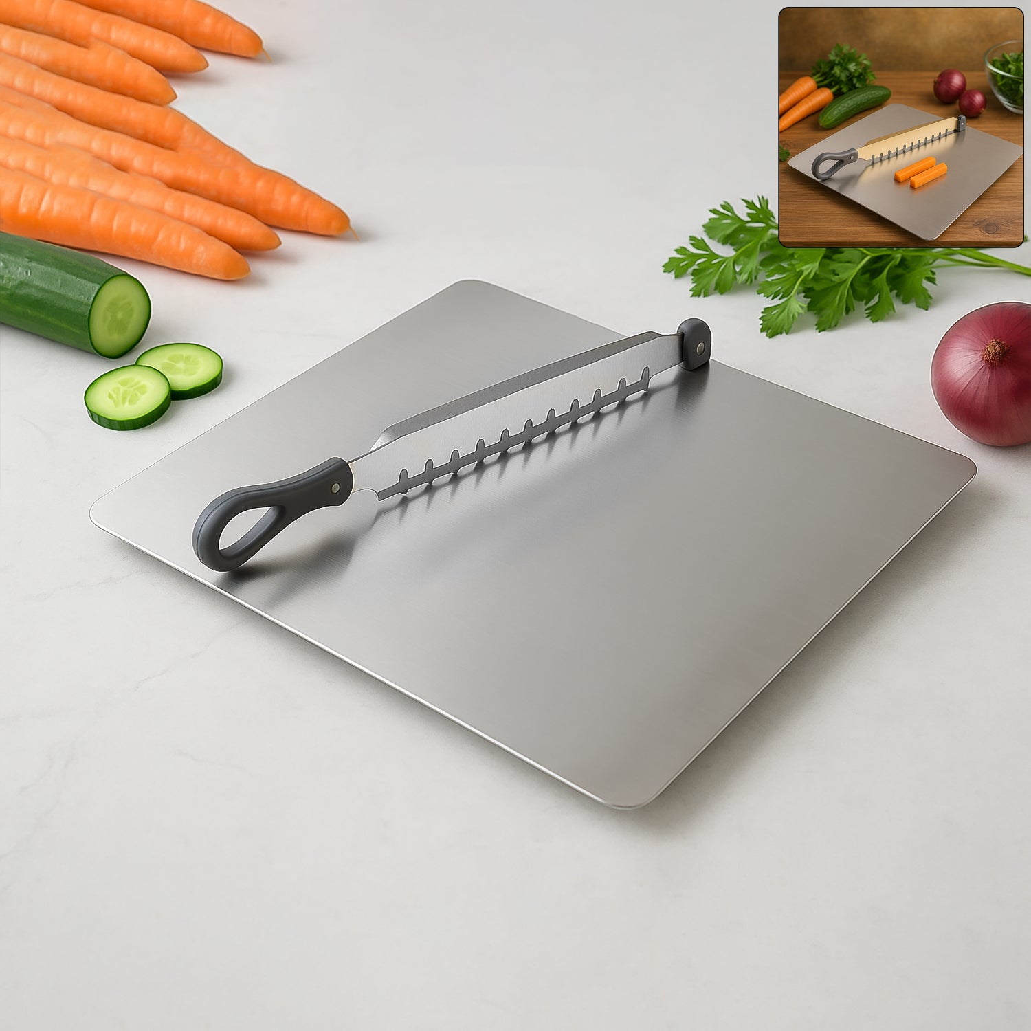 Supermom stainless steel vegetable slicer and chopper tool by Wukusy for efficient kitchen prep and multi-purpose cutting.