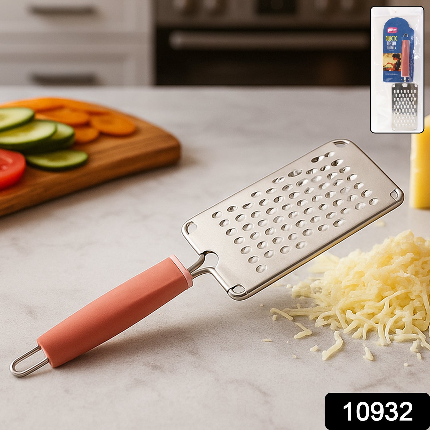 Wukusy Supermom stainless steel vegetable and cheese grater with soft grip handle, multipurpose kitchen tool for grating vegetables and cheese.