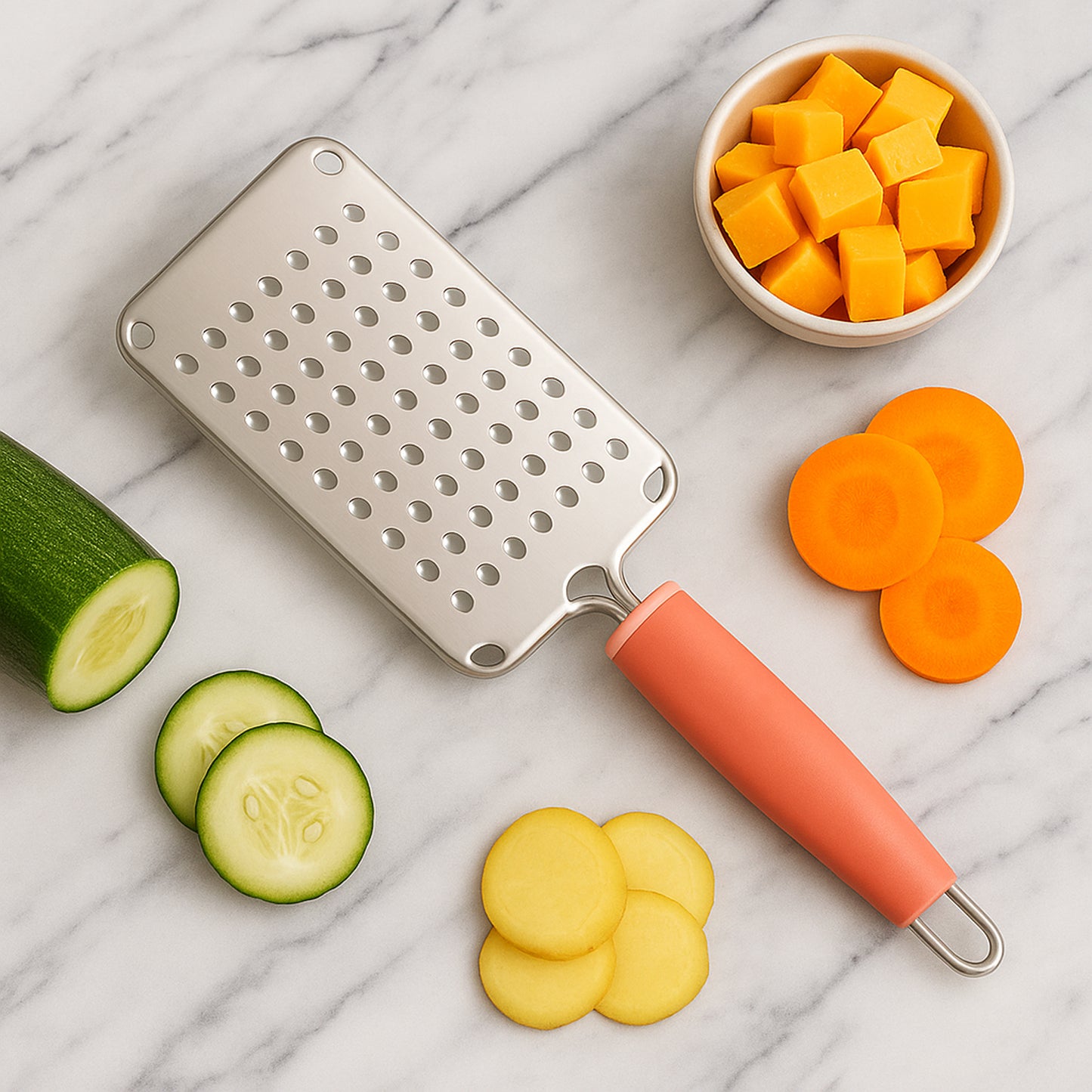 Wukusy Supermom stainless steel vegetable and cheese grater with soft grip handle, multipurpose kitchen tool for grating vegetables and cheese.