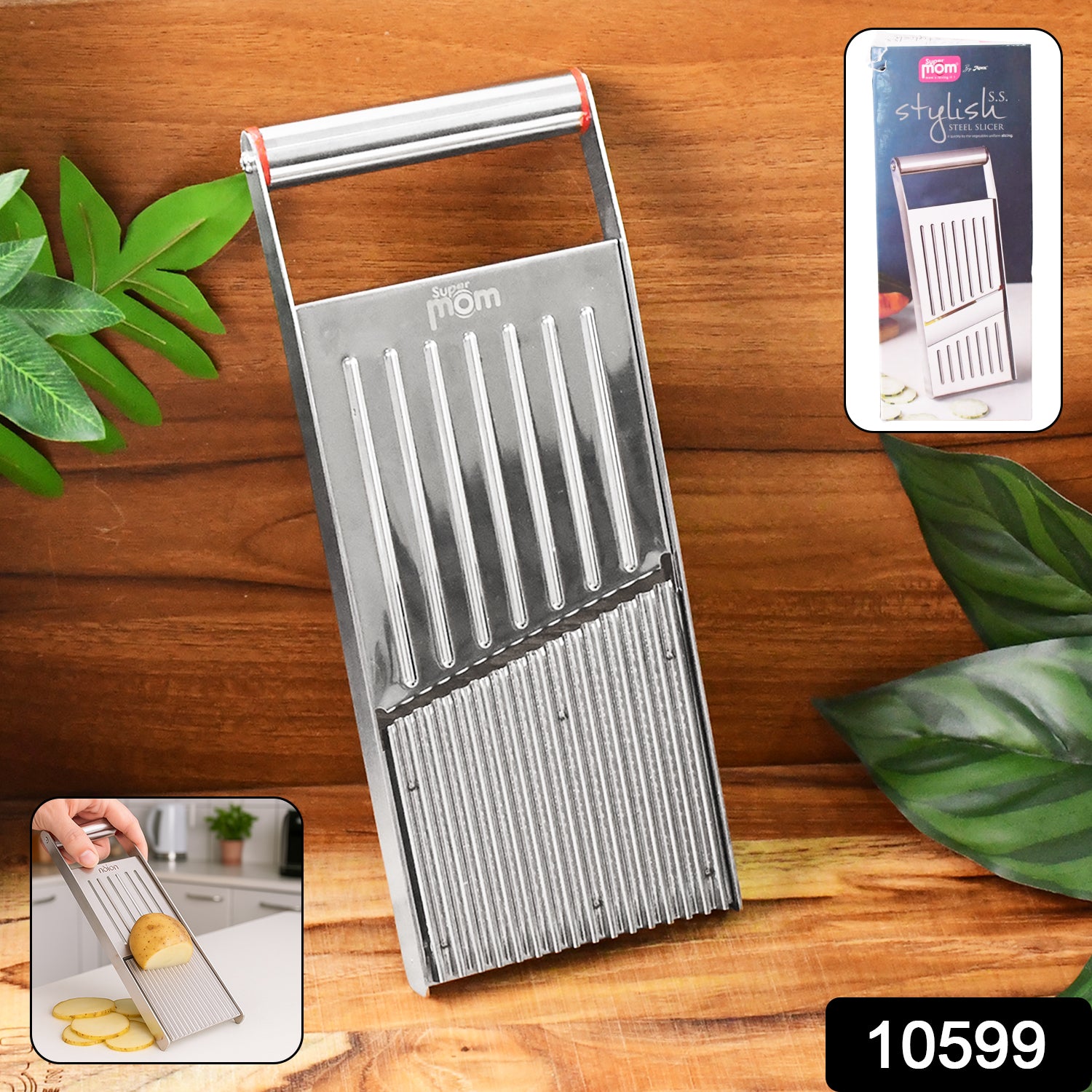Wukusy Supermom stainless steel vegetable and fruit slicer with multiple blades for easy kitchen prep.