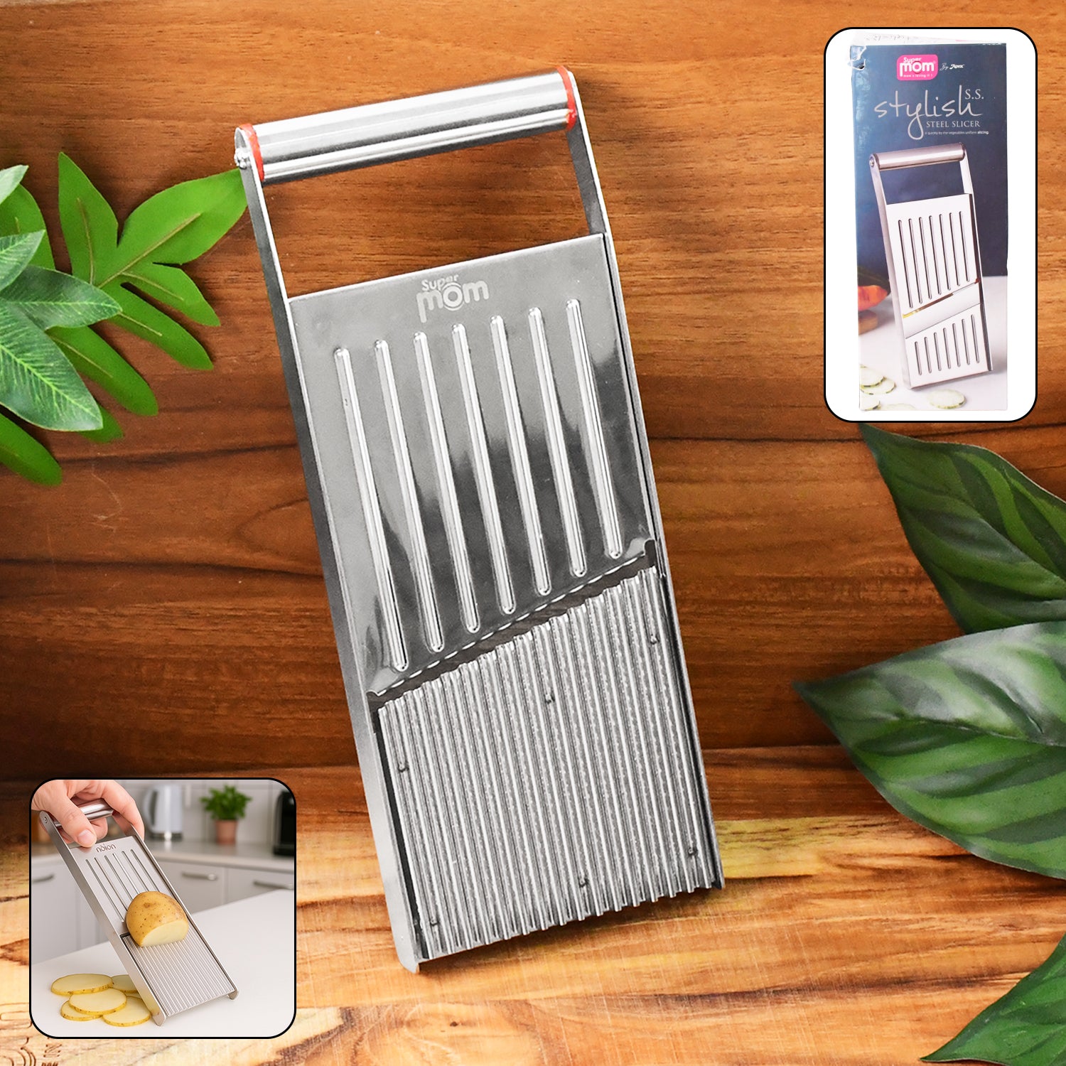 Wukusy Supermom stainless steel vegetable and fruit slicer for home kitchen use, showcasing sharp blades and sleek design.