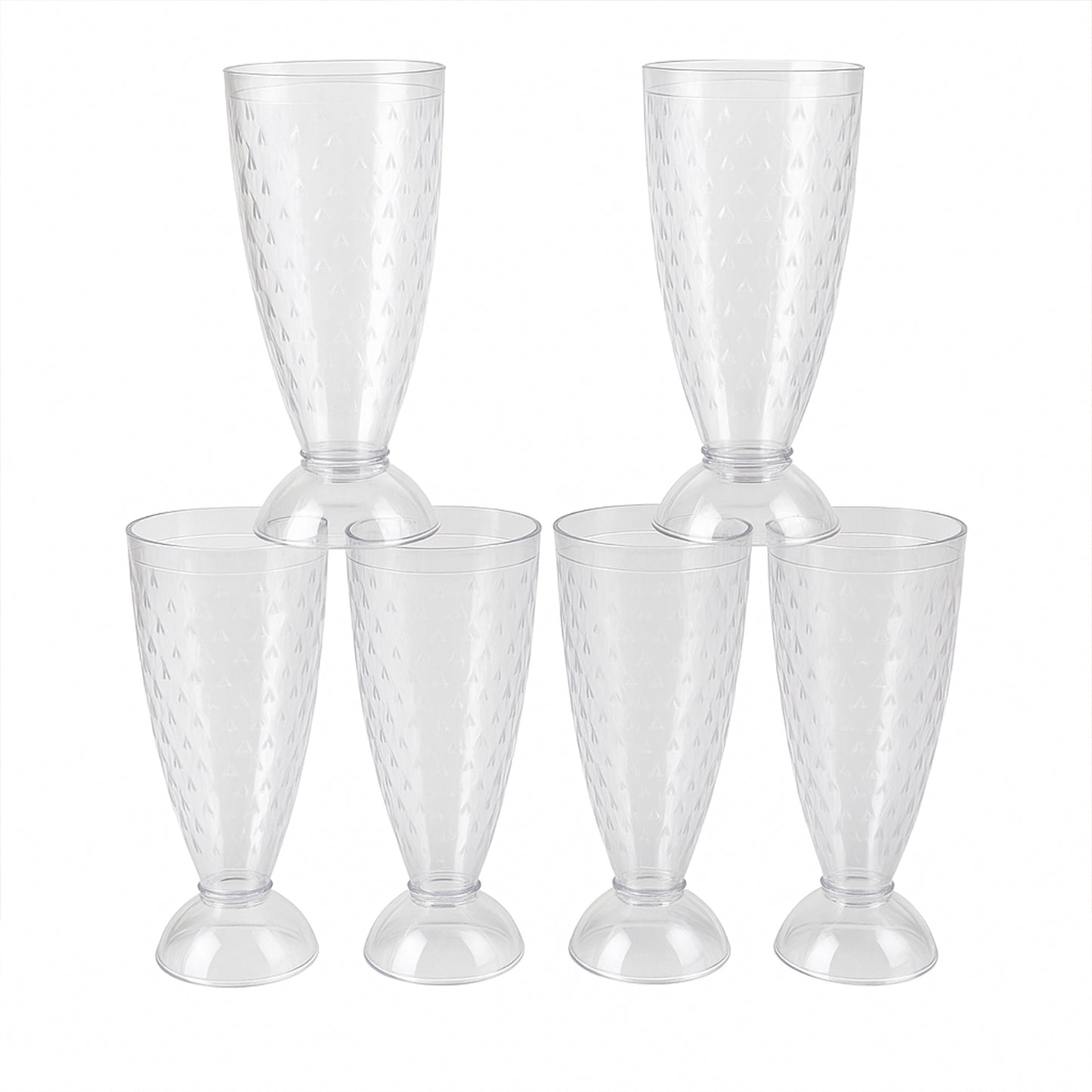 Six clear plastic milkshake glasses by Wukusy, 400ml capacity, perfect for home and kitchen use, arranged on a countertop.