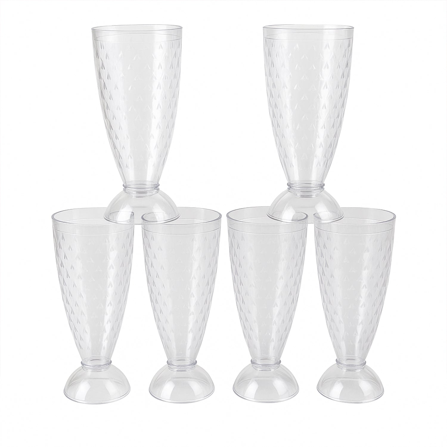 Six clear plastic milkshake glasses by Wukusy, 400ml capacity, perfect for home and kitchen use, arranged on a countertop.