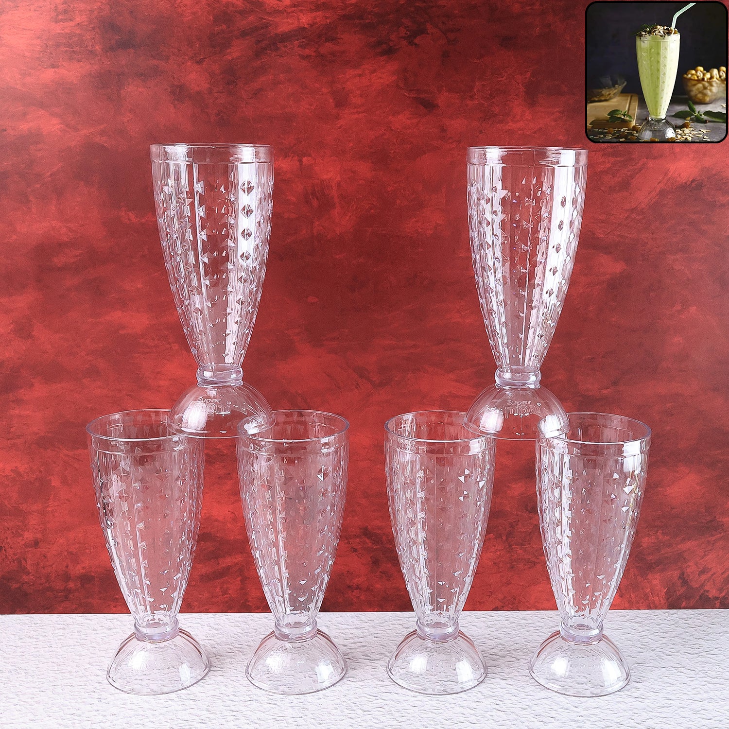 Wukusy Supermom transparent plastic milkshake glass set with six 400ml glasses for home and kitchen use.
