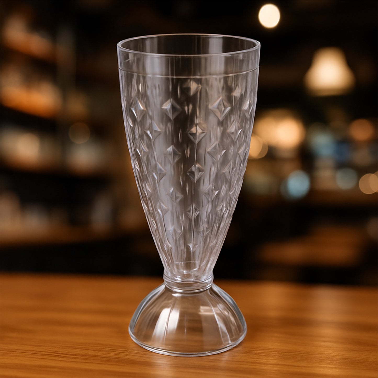 Six Wukusy Supermom transparent plastic milkshake glasses, 400ml capacity, arranged on a kitchen countertop.