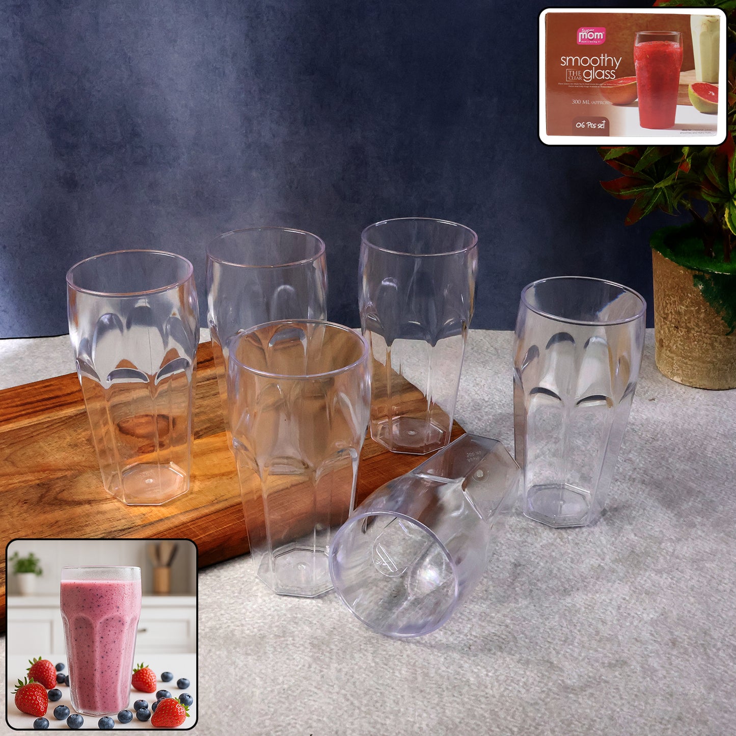 Set of six Wukusy Supermom transparent smoothie glasses, 300ml capacity, clear glass design for home and kitchen use.