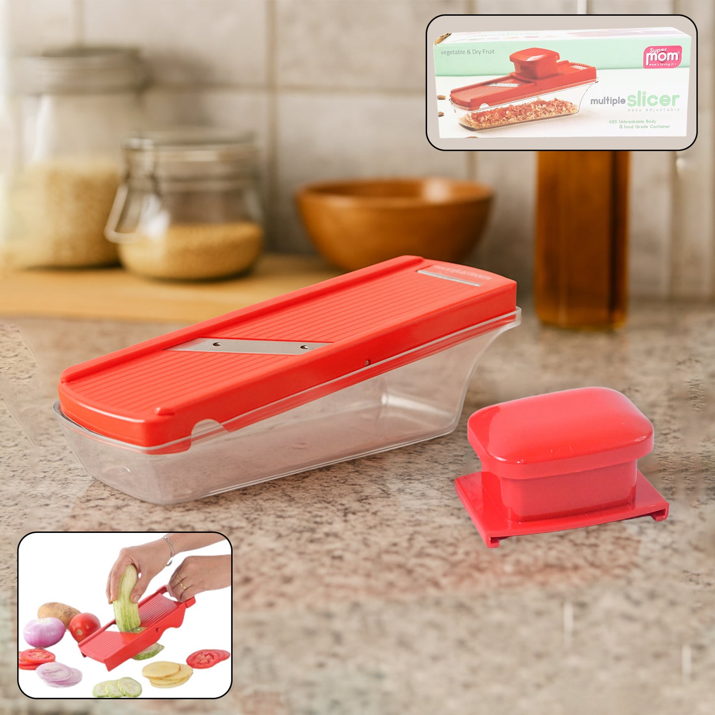 Wukusy Supermom vegetable and dry fruit multiple slicer for home and kitchen use, with stainless steel blades and multiple cutting options.