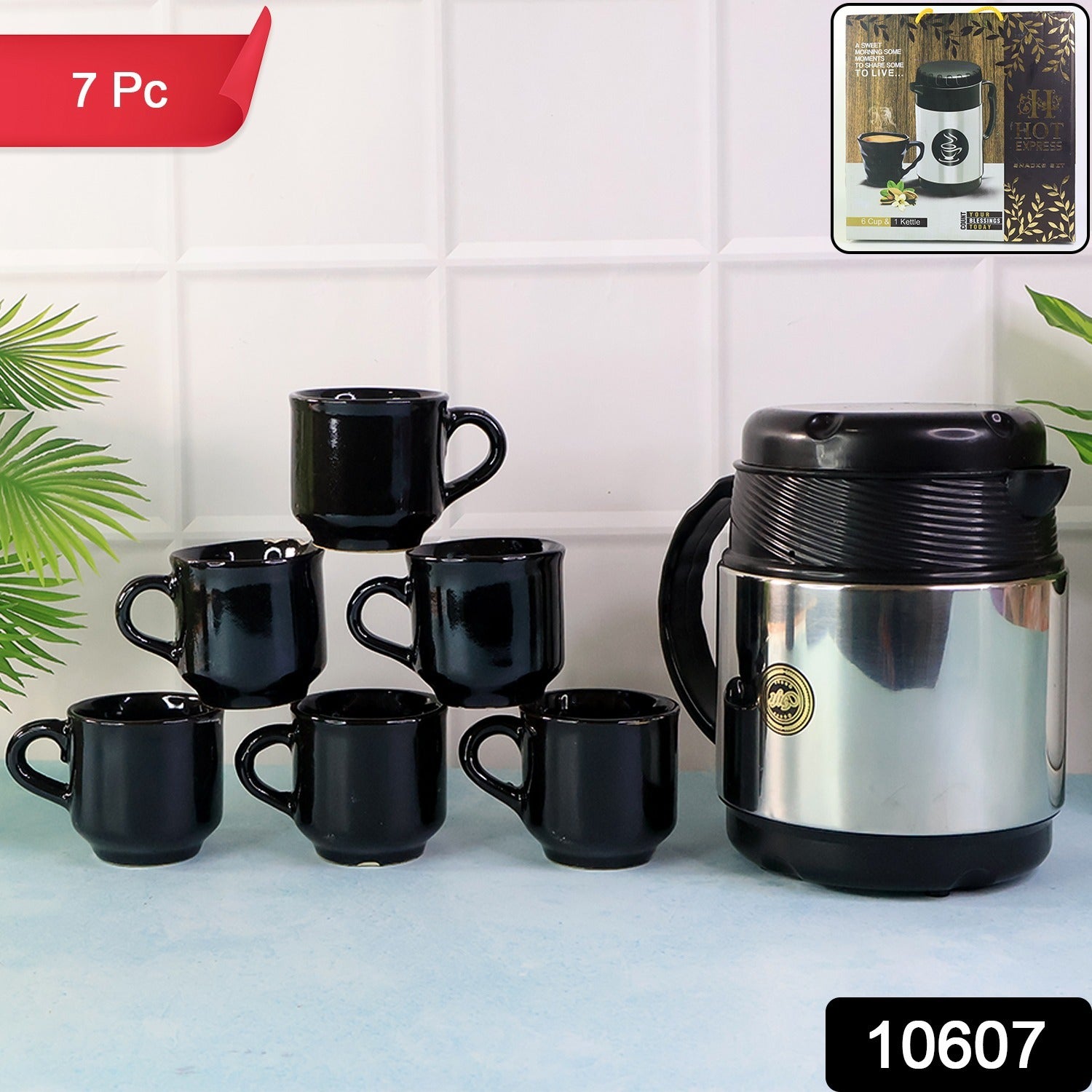 Wukusy tea and coffee thermos flask with six ceramic cups set, ideal for home and kitchen use, featuring stainless steel and ceramic design.