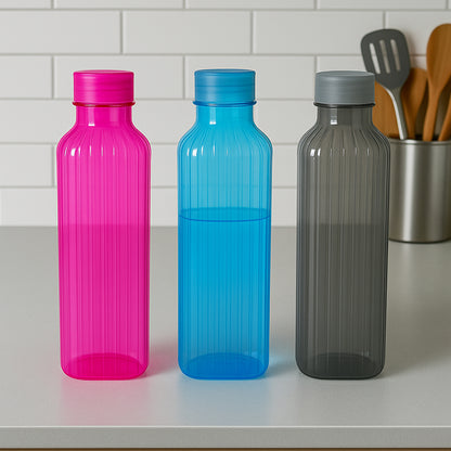 Set of three transparent Wukusy fridge water bottles for home use, featuring sleek design and secure lids.