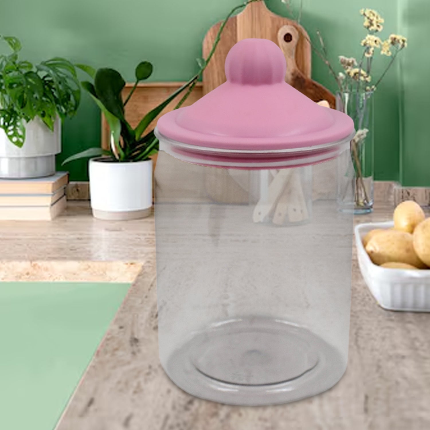 Wukusy transparent plastic kitchen container jar set with two 1100 ml storage jars for kitchen organization.