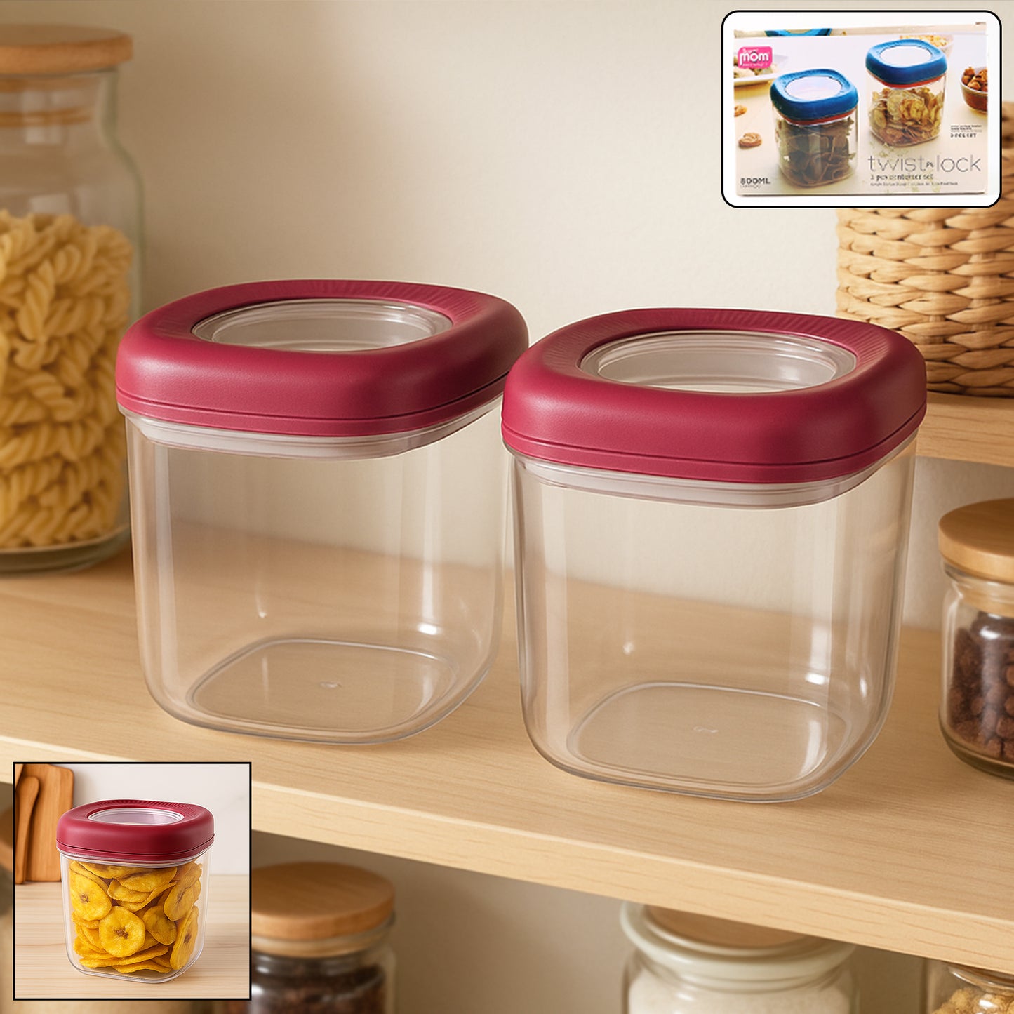 Wukusy transparent kitchen storage container set with twist lock lids, 800ml capacity, two-piece set for home organization.