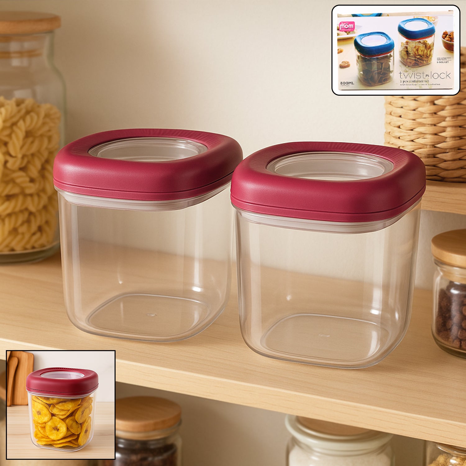 Wukusy transparent kitchen storage container set with twist lock lids, 800ml capacity, two-piece set for home organization.