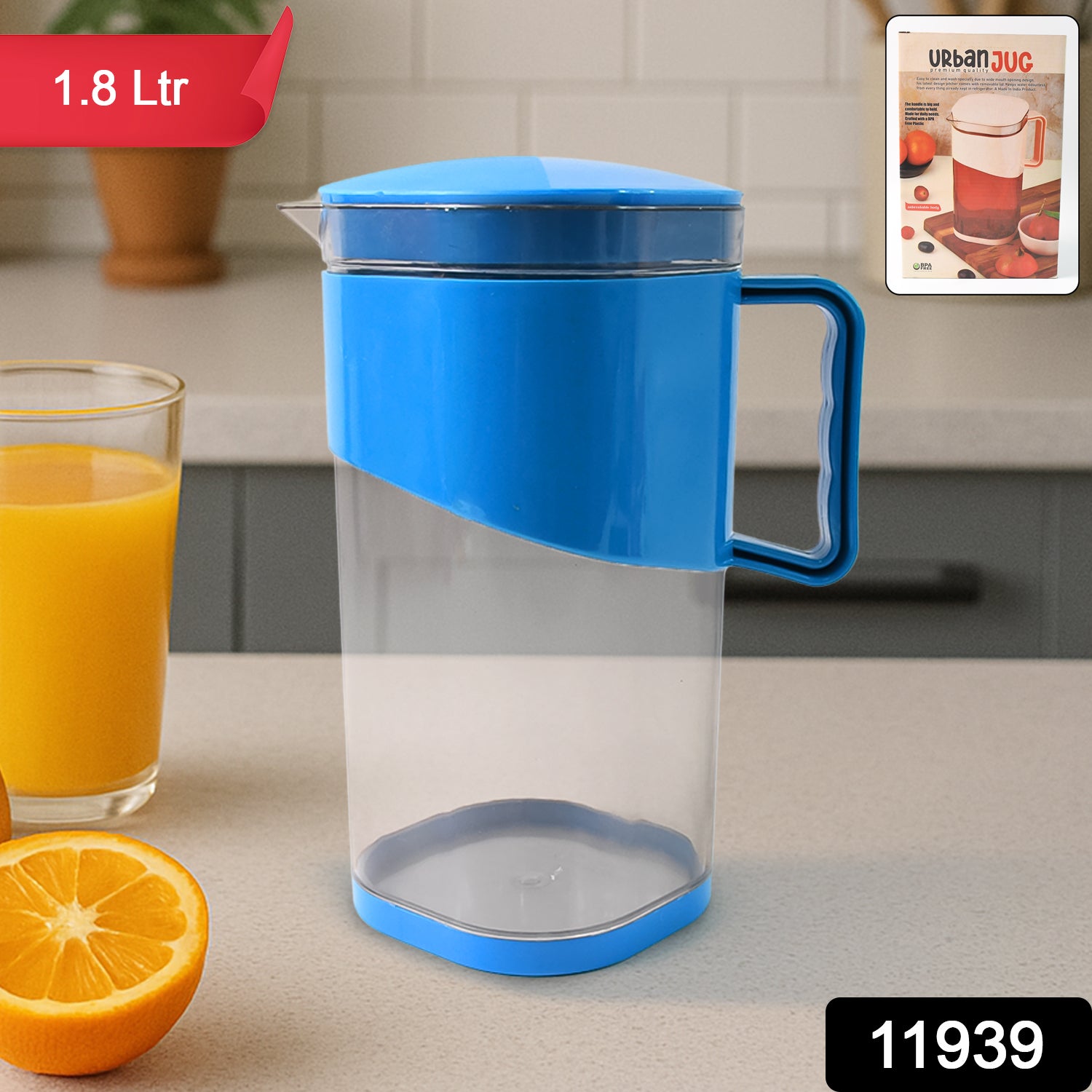Wukusy 1.8L BPA-free plastic water and juice jug with lid and handle, ideal for kitchen use.