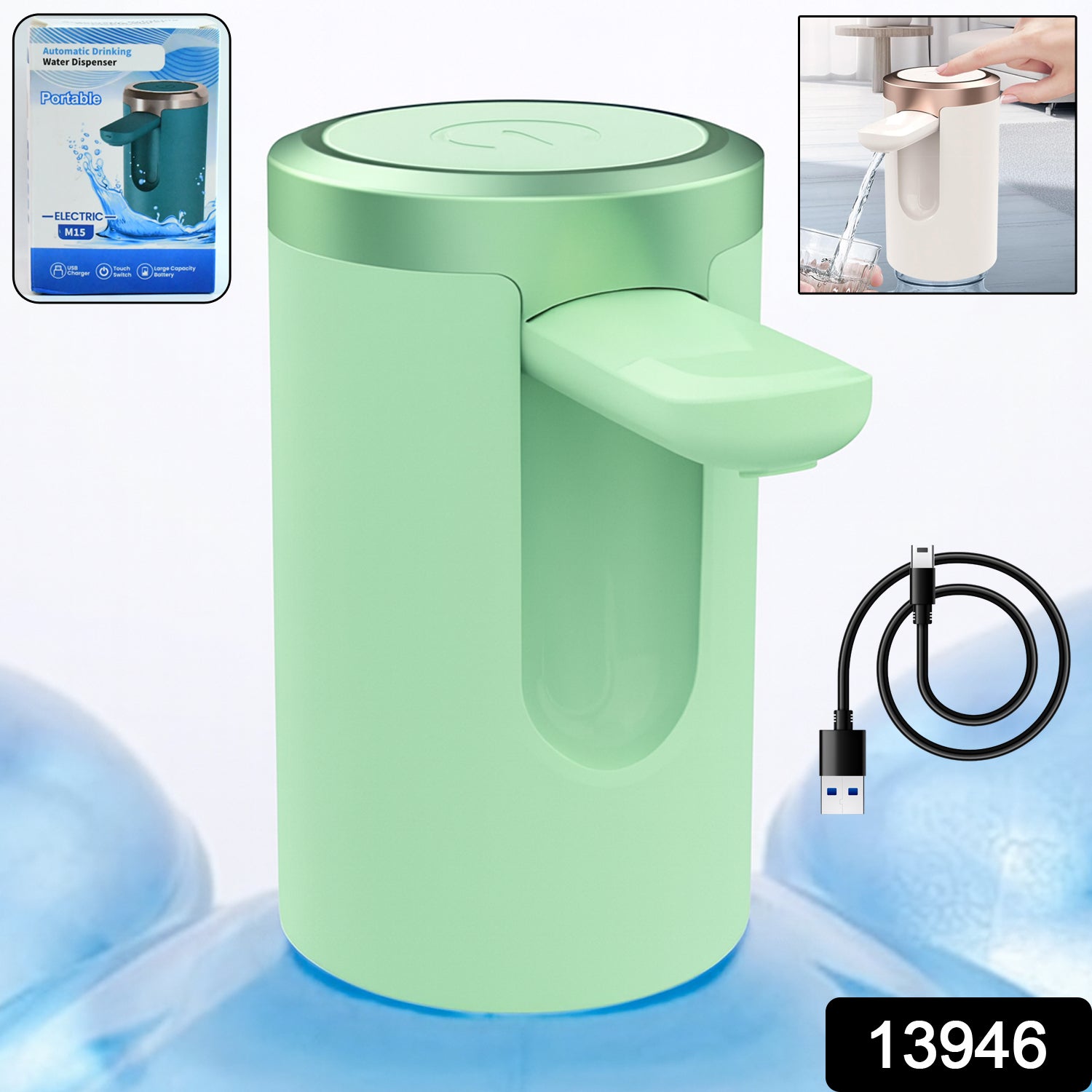 Wukusy USB rechargeable automatic water dispenser for 20 Litre bottle, home kitchen appliance with push button and spout.