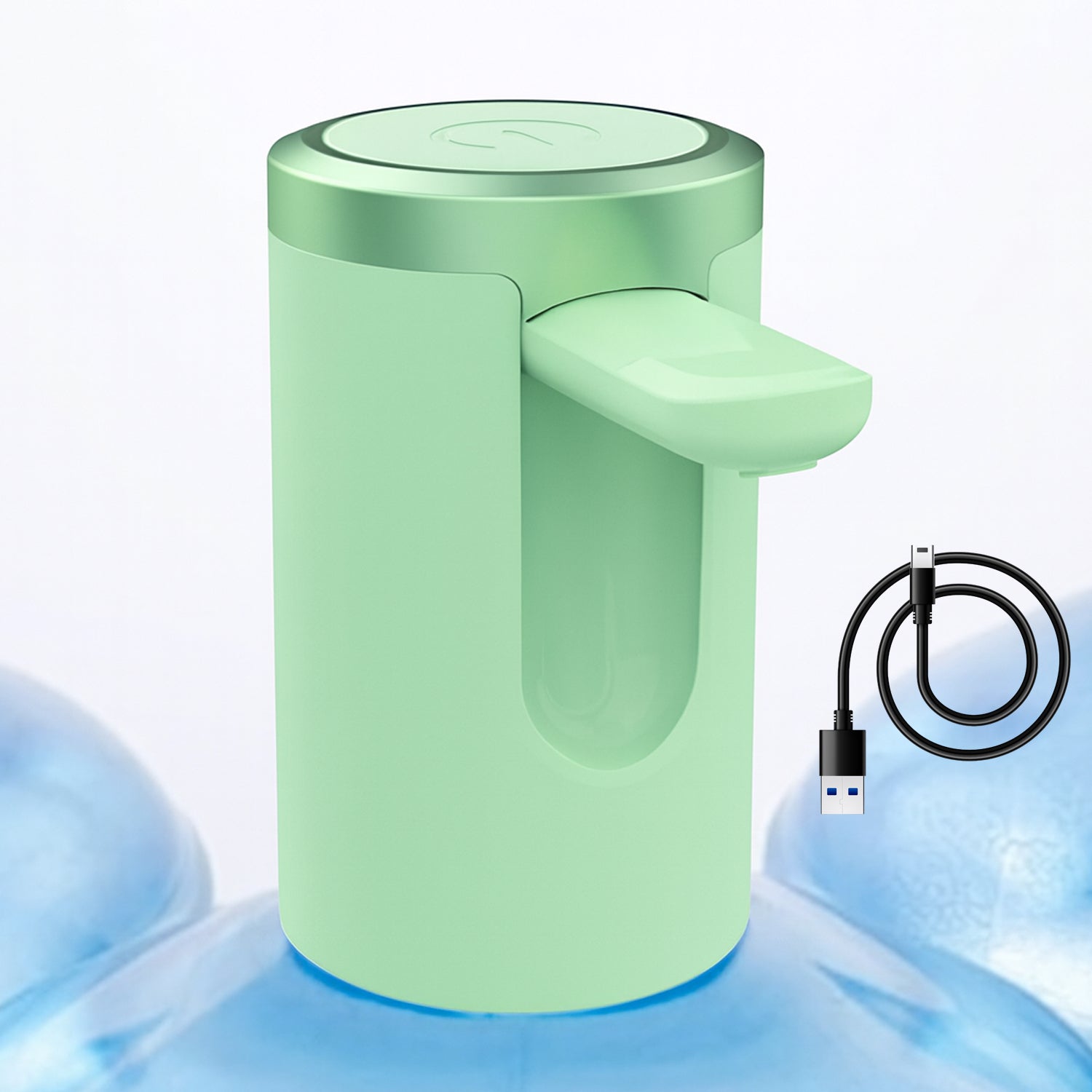 Wukusy USB rechargeable automatic water dispenser for 20-liter bottles, shown in a home kitchen setting.