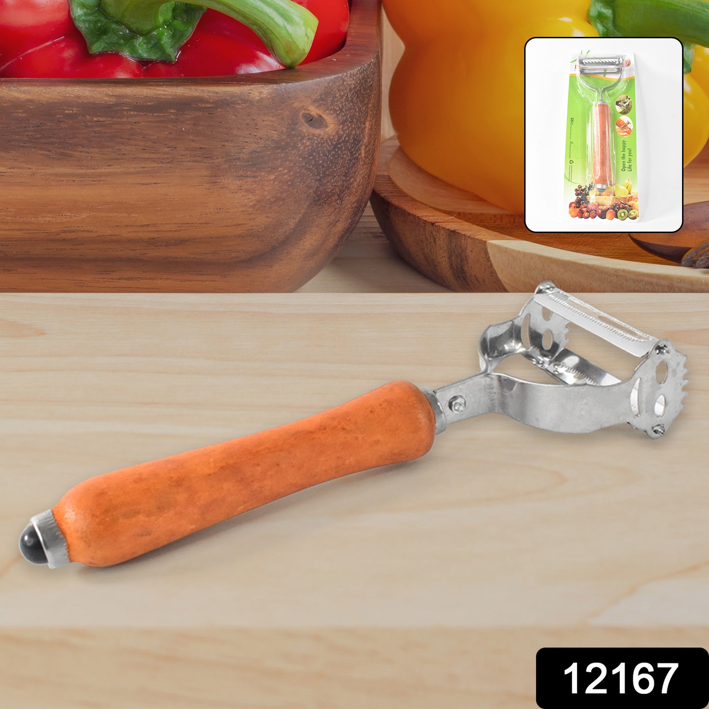 Wukusy vegetable and fruit peeler with wooden handle, kitchen tool for peeling vegetables and fruits, 1 piece