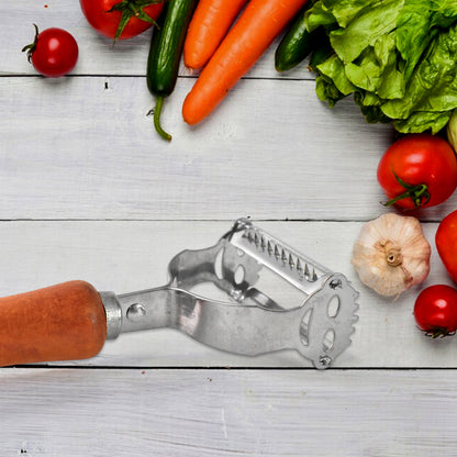 Wukusy vegetable and fruit peeler with wooden handle for easy peeling of produce in kitchen.