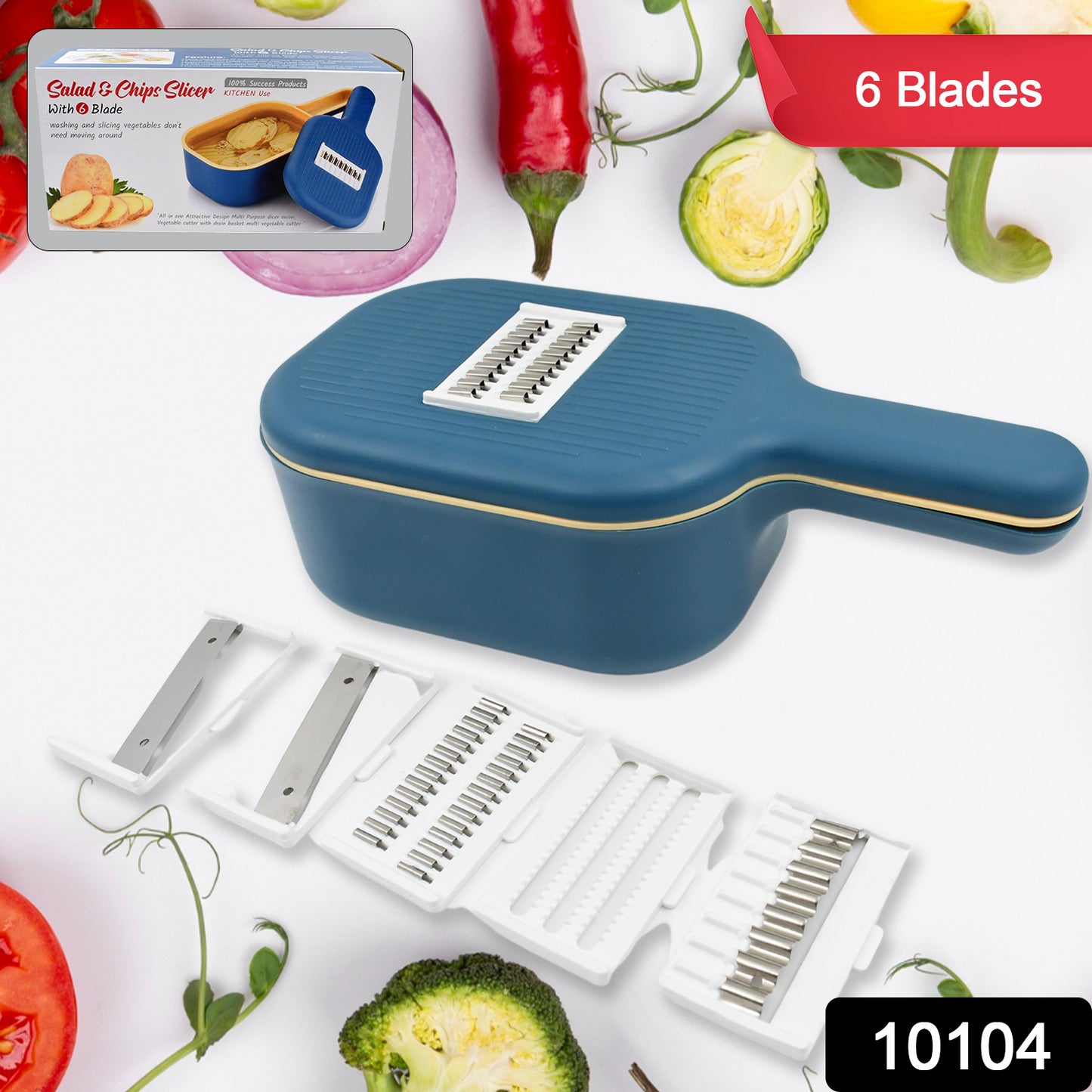 Wukusy vegetable slicer cutter with 6 blades, kitchen accessories set including container and handle for efficient food prep.