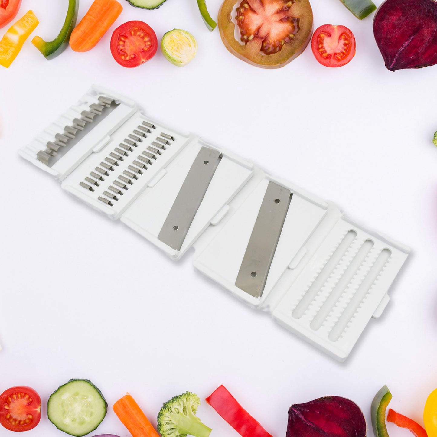 Wukusy vegetable slicer cutter with 6 blades, kitchen tools set including container and handle for easy vegetable prep.
