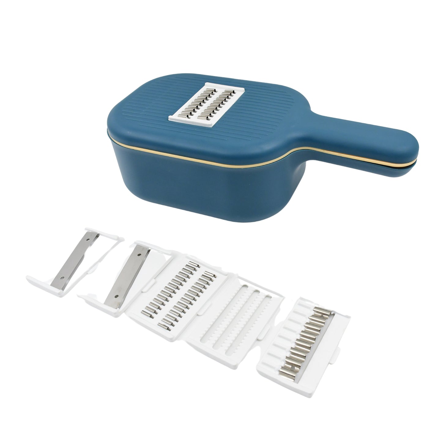 Wukusy vegetable slicer cutter with 6 blades, kitchen tools set featuring a container and handle for easy slicing and prep.